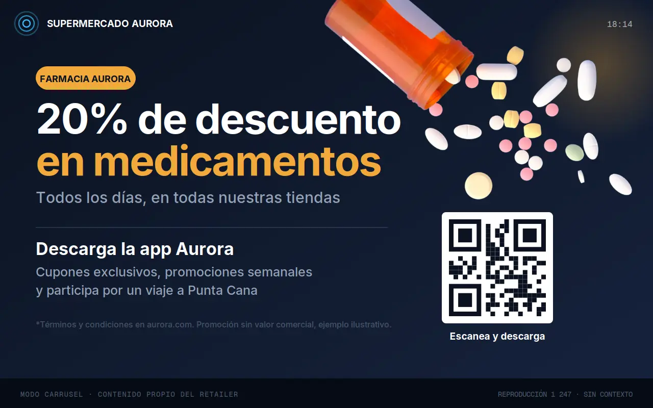Pantalla del verificador en modo carrusel mostrando una promoción propia del supermercado