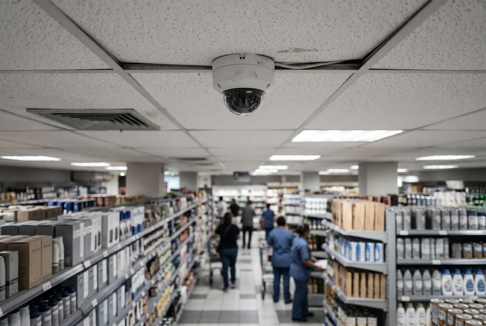 Cámara domo en el cielo raso de una tienda, sobre un pasillo de estantes